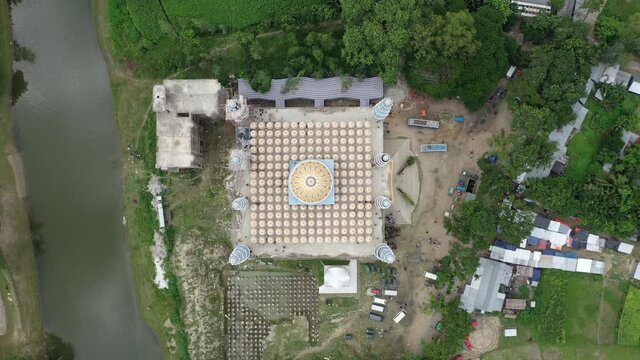 Aerial view of the geometric pattern from Gombuj Masjid islamic mosque along Jhinai river in Gopalpur township, Dhaka state, Bangladesh.