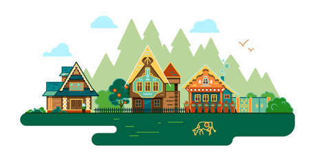 Row of village houses in flat design style. Landscape of a Russian village with wooden houses in a traditional style.