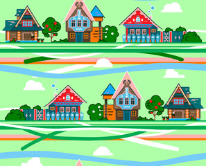 Сolor illustration for the motif of village life, seamless pattern with repeating houses and trees for use in printing on fabric, packaging design.
