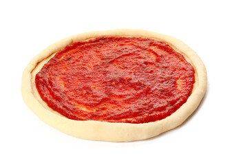 Pizza dough with tasty tomato sauce on white background