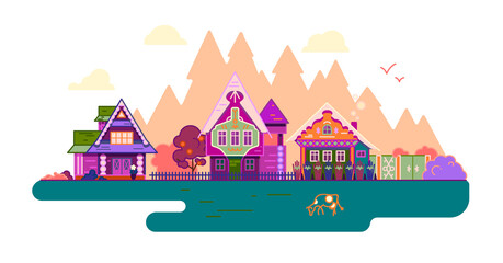 Row of village houses in flat design style. Landscape of a Russian village with wooden houses in a traditional style.