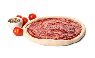 Pizza dough with tasty tomato sauce and spices on white background