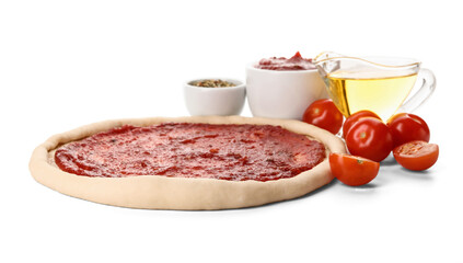 Pizza dough with tasty tomato sauce, oil and spices on white background