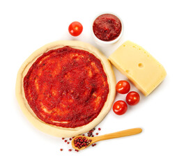 Pizza dough with tasty tomato sauce and cheese on white background