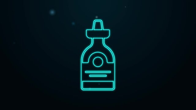 Glowing neon line Tequila bottle icon isolated on black background. Mexican alcohol drink. 4K Video motion graphic animation