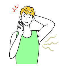 不快な脇の下の臭い(わきが)を気にする可愛い男性 イラスト シンプル ベクター