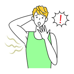 不快な脇の下の臭い(わきが)を気にする可愛い男性 イラスト シンプル ベクター