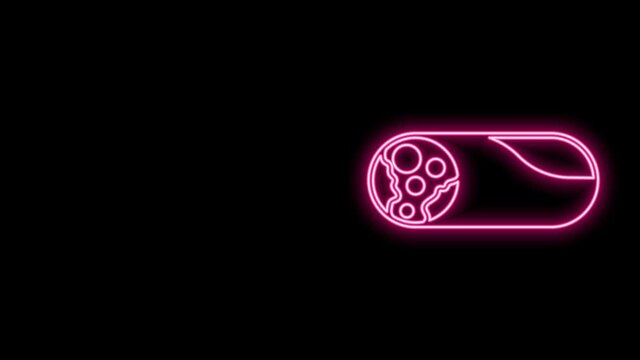 Glowing neon line Burrito icon isolated on black background. Traditional mexican fast food. 4K Video motion graphic animation