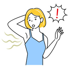 不快な脇の下の臭い(わきが)を気にする可愛い女性 イラスト シンプル ベクター