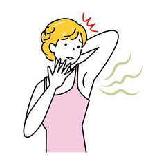 不快な脇の下の臭い(わきが)を気にする可愛い女性 イラスト シンプル ベクター