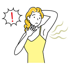 不快な脇の下の臭い(わきが)を気にする可愛い女性 イラスト シンプル ベクター