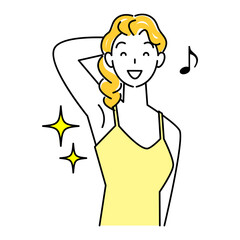 ボディケアの効果でキラキラしている綺麗な脇の下を見せている笑顔の女性 OK イラスト シンプル ベクター