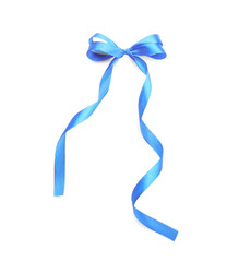 Beautiful bow made from blue ribbon on white background
