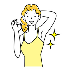 ボディケアの効果でキラキラしている綺麗な脇の下を見せている笑顔の女性 OK イラスト シンプル ベクター