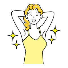 ボディケアの効果でキラキラしている綺麗な脇の下を見せている笑顔の女性 OK イラスト シンプル ベクター