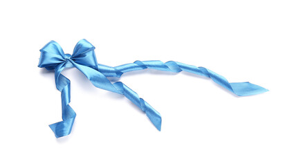 Blue ribbon with bow on white background