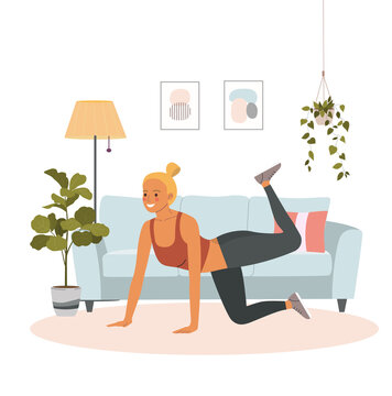 Fitness young woman  doing gymnastics in the living room. Vector cartoon flat style illustration