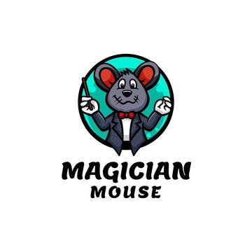 Vector Logo Illustration Magician Mouse Mascot Cartoon Style.