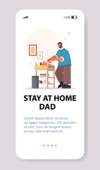 young father changing diaper to his little son fatherhood concept dad spending time with his kid smartphone screen full length vertical copy space vector illustration