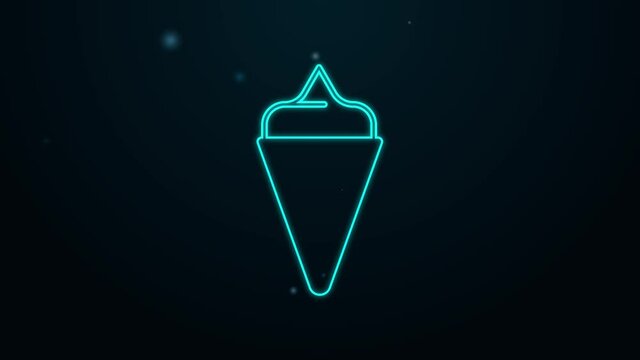 Glowing neon line Ice cream in waffle cone icon isolated on black background. Sweet symbol. 4K Video motion graphic animation