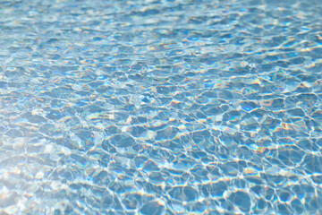 Bright blue aqua surface in sunny day, seamless pattern, texture. Natural background with bokeh lights. High quality photo