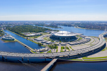 Aerial view of Krestovsky Stadium (Gazprom Arena) and Western High-Speed Diameter (ZSD) on sunny...