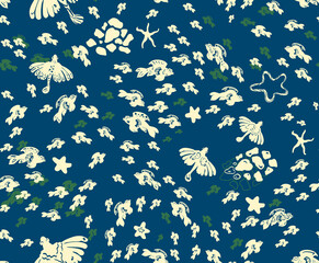 Underwater world seamless pattern with a very large repetition limit.  Many different silhouettes of fish in a chaotic motion.