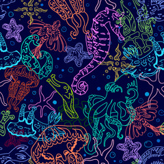 Underwater world seamless pattern. Seahorse, medusa, fish, starfish, octopus, and other unusual monsters in linear style.