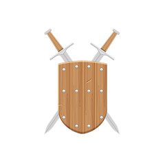 The concept of medieval weapons. A beautiful wooden medieval shield with two crossed swords positioned behind the shield. the heraldic sign of the shield and sword. Vector on a white background.
