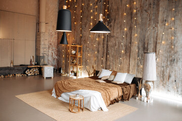 Vertical photo of stylish loft design. Studio apartment. Industrial. Grunge wall texture.