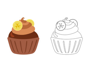 Black and white background in doodle style. Hand drawn Coloring pages with Cupcakes cake candy. Zentangle coloring book page