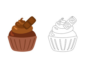 Black and white background in doodle style. Hand drawn Coloring pages with Cupcakes cake candy. Zentangle coloring book page
