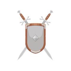 The concept of medieval weapons. A beautiful iron medieval knight's shield with two crossed swords positioned behind a steel shield. the heraldic symbol of the shield and sword. Vector.