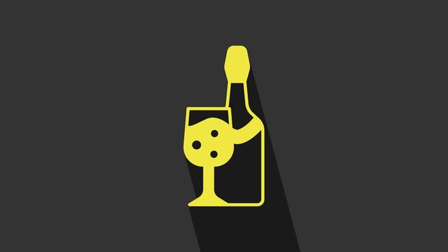 Yellow Champagne bottle with glass icon isolated on grey background. 4K Video motion graphic animation