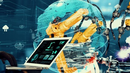 Smart industry robot arms modernization for innovative factory technology . Concept of automation...