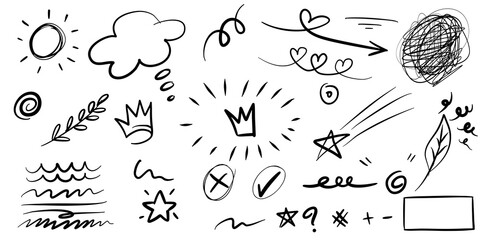 Obraz premium hand drawn set of curly swishes, swashes, swoops. Abstract arrows, Arrow, heart, love, star, leaf, sun, light, crown, king, queen, on doodle style for concept design. vector illustration.