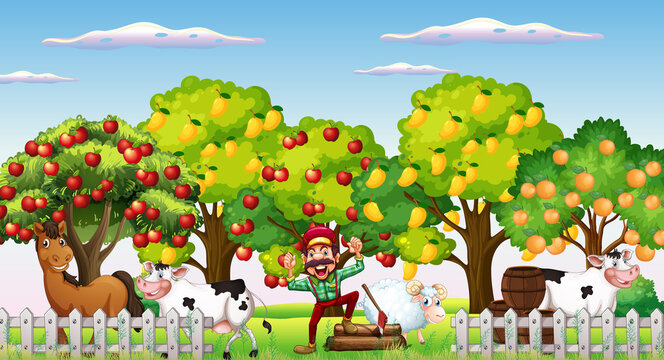 Farm scene with many different fruits trees and farmer