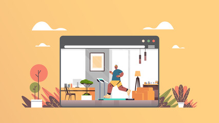 african american man running on treadmill guy working out online training healthy lifestyle home sport