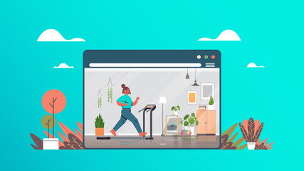 woman running on treadmill girl working out online training healthy lifestyle home sport concept
