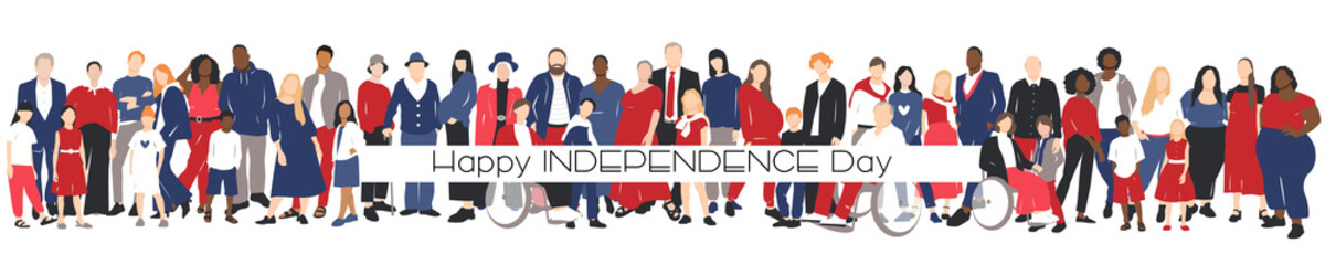 Happy Independence Day card. Multicultural group of mothers and fathers with kids. Flat vector illustration.	