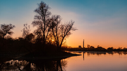 Beautiful sunset with reflections near Pleinting, Danube, Bavaria, Germany