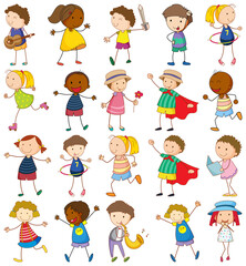 Set of different kids in doodle style