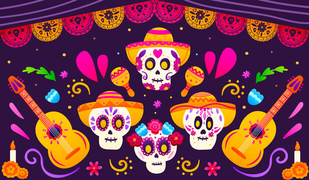 Day of dead mexiacan greeting banner with colourful sugar skulls, guitars and sombrero, paper traditional garland, festival horisontal card, flower elements in cartoon style