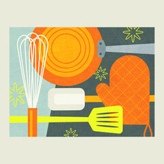 Abstract collage of cooking tools for food preparation. Includes whisk, frying pan, oven mitt and spatula. Modern culinary theme vector illustration for artwork, decor, social media, banners