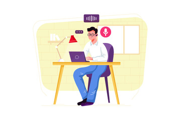 Man listening to podcast while working.