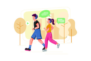 Couple listening to podcasts while jogging in the park.