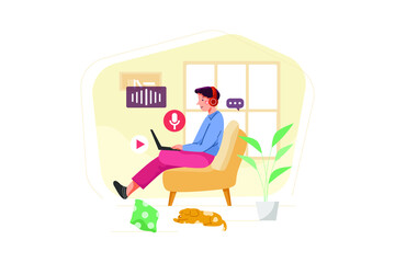 Man sitting on sofa and listening to podcast