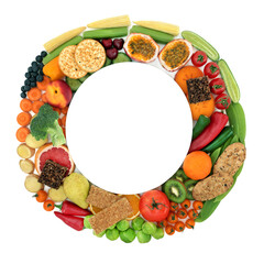 Vegan health food very high in dietary fibre and good for a healthy digestive system. Foods also high in antioxidants, anthocyanins, vitamins, omega 3, protein & minerals. With plate on white.  