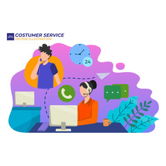 Vector illustration Female customer service. Hotline operator advises client, Online global technical support. Female customer service worker helping customers over phone calls. Flat illustration