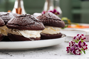 Fresh baked american chocolate whoopie pies with cream filling © Hihitetlin
